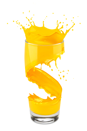 orange juice splash with wave through the glass isolated on white backgroundの写真素材