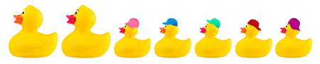 yellow classic rubber bath duck toy cool family concept row isolated on white backgroundの写真素材