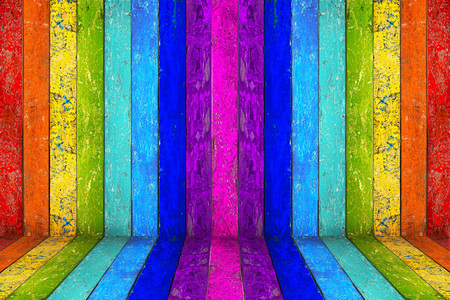 colorful vibrant rainbow empty wooden room with copy space rustic planks retro background textureの写真素材