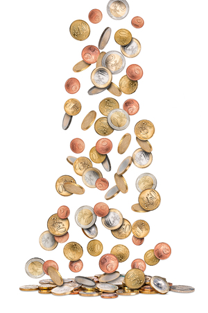 euro coins money rain falling from sky isolated on white background financial business success conceptの写真素材