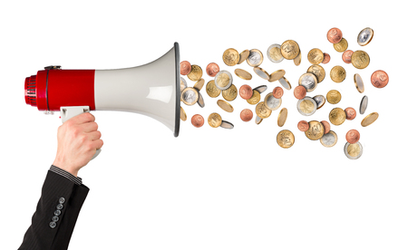 cash money euro rain  businessman hand in suite with red white bullhorn megaphone isolated backgroundの写真素材