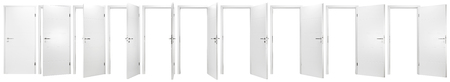 set collection of white open and closed doors with doorframe isolated on white backgroundの写真素材