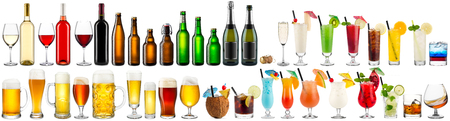 huge set collection of alcoholic beverages wine champagne beer colorful cocktails glass and bottles isolated on white backgroundの写真素材