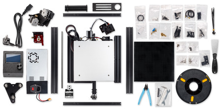 3D printer printing self building DIY kit all parts isolated on white future technology backgroundの写真素材