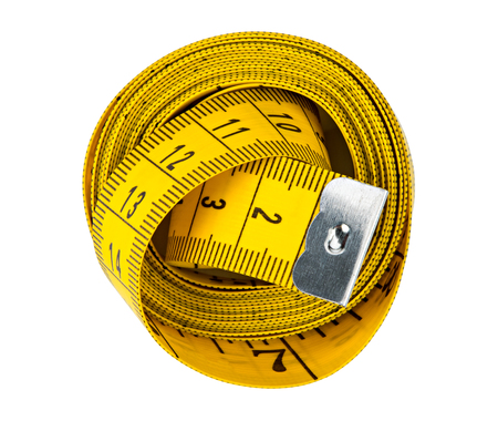 yellow isolated metric measuring tape on white backgroundの写真素材