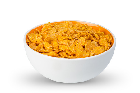 white orange bowl with fresh crunchy cornflakes isolated breakfast cereals background