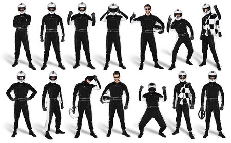 Set Collection of race driver with black overall saftey crash helmet and chequered checkered flag isolated on white background. motorsport car racing sport conceptの写真素材