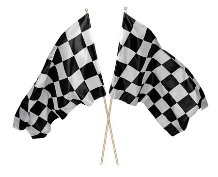 Two crossed pair of waving black white chequered flag with wooden stick motorsport sport and racing concept isolated backgroundの写真素材