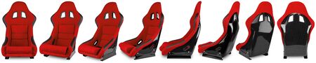 set collection of red black carbon fiber motorsport race car tuning  sim racing bucket seat isolated on white backgroundの写真素材