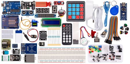 set collection microcontroller parts board display sensor button switches rfid module lcd cable wire accessories and equipment isolated on white electronics concept backgroundの写真素材