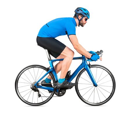 professional bicycle road racing cyclist racer  in blue sports jersey on light carbon race cycle. sport exercise training cycling concept isolated on white backgroundの写真素材