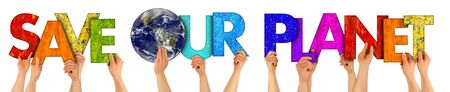 activist people holding up colorful letter with words save our planet isolated on white background. climate change fridays for future global warming protest. Elements of this image furnished by nasaの写真素材