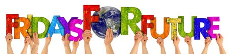 activist people holding up colorful wooden letter forming words fridays for future and earth globe isolated on white background. climate change global warming renewable energy conceptの写真素材