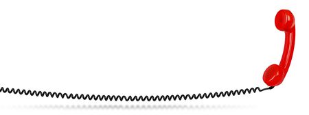 red colored old fashioned retro phone reciever with black telephone wire isolated on white background with copy space. business problem solution communication support service conceptの写真素材