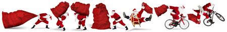 Set collection of crazy red traditional santa claus with bag extreme funny with sleigh bike bicycle jump and huge giant big gift bag isolated on white christmas backgroundの写真素材