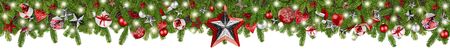 christmas garland super wide panorama banner with fir branches red silver stars lights and baubles xmas russtic traditional natural tree decoration isolated on white backgroundの写真素材