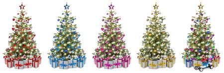 Set collection of natural nordmann christmas tree, decorated with silver red blue gold pink and silver wooden baubles stars hearts and led lights. Stack of christmas gift presents isolated backgroundの写真素材