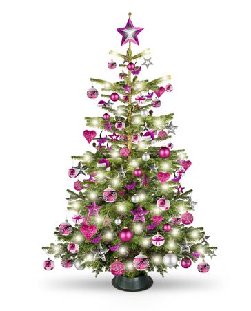 real natural nordmann xmas christmas tree with pink purple red silver and wooden decoration. bauble star heart and bright led lights isolated on white backgroundの写真素材