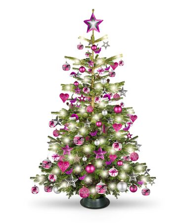 real natural nordmann xmas christmas tree with pink purple red silver and wooden decoration. bauble star heart and bright led lights isolated on white background