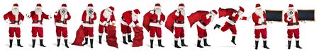Traditional classic red santa claus set collection with  various poses bullhorn megaphone jute bag and blackboard  situations funny isolated on white backgroundの写真素材