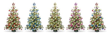 Set collection of natural nordmann christmas tree, decorated with silver red blue gold pink and silver wooden baubles stars hearts and led lights isolated on white background.の写真素材