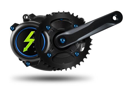 ebikje or pedelec mid mount drive engine motor with blue screws carbon fibre tuning crank set and green electricity lighntning symbol isolated on white backgroundの写真素材