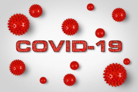 Covid-19 red lettering with corona virus on bright light grey background. Cornavirus global  outbreak pandemic epidemic medical concept.の写真素材