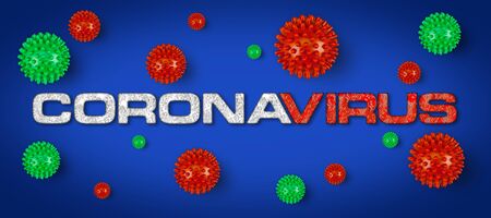Covid-19 red white lettering with green corona virus on bright light grey background. Cornavirus global  outbreak pandemic epidemic medical concept on blue backgroundの写真素材