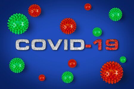 Covid-19 red white lettering with green corona virus on blueの写真素材