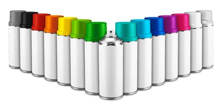 Row of paint spray bottles with white blank copy space label and multi rainbow black grey and clear colored caps. Coating can set collection isolated on white backgroundの写真素材