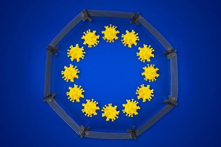Corona Virus symbol on blue yellow european union EU flag with closed border fence europe background. Cornavirus COVID-19 global quarantine, pandemic epidemic medical isolation concept.の写真素材