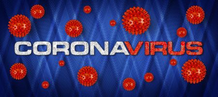 Covid-19 red white lettering with corona virus on bright light grey background. Cornavirus global  outbreak pandemic epidemic medical concept on blue backgroundの写真素材