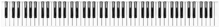 Full grand piano 88 black white keys keyboard layout isolated on white wide panorama banner background. classical music symphony orchestra music instrument conceptの写真素材