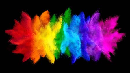 colorful rainbow holi paint color big  double powder explosion isolated on dark black wide panorama...