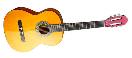 yellow red wooden classic new acoustic guitar traditional rock music string instrument isolated on white backgroundの写真素材