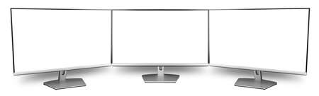 triple screen pc computer monitor flat screen in front side view isolated on white wide panorama background. multimedia technology hardware communication streaming conceptの写真素材