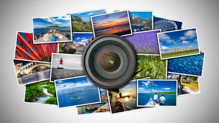 dslr photo camera lens on various colorful image paper prints. photography online gallery presentation retro concept backgroundの写真素材