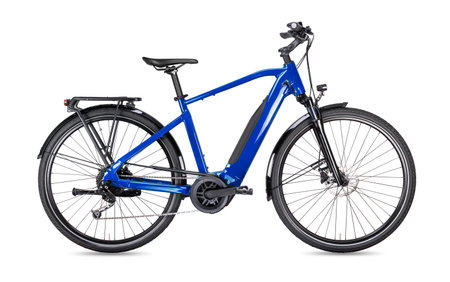 blue modern menÂ´s mid drive motor city touring or trekking e bike pedelec with electric engine middle mount. battery powered ebike isolated on white background. Innovation transportation concept.の写真素材