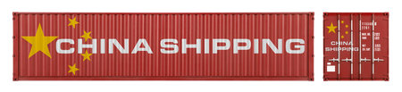 red large shipping cargo container with china shipping lettering and flag in frontal and side view isolated on white background. transportation ship delivery logistics and freight concept.の写真素材