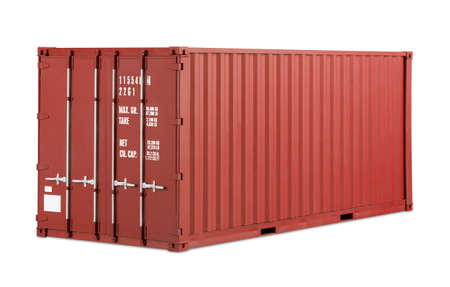 red shipping cargo container in frontal side view isolated on white background. transportation ship delivery logistics and freight concept.の写真素材