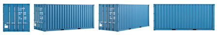 set collection of blue shipping cargo container in various different angles isolated on white...