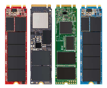set of four different M2 SSD flash hdd hard disc drive nvme and sata type isolated on white background. pc computer hardware component memory data storage electronics conceptの写真素材