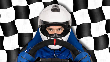 race or rallye driver blue overall suit with steering wheel and crash helmet in racing seat isolated on black white checkered flag background. motorsport esports simracing concept.の写真素材