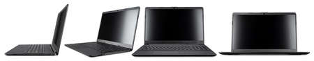 set collection of modern open black mobile laptop notebook computer with copy space and blank screen in front side view isolated on white background. business technology conceptの写真素材