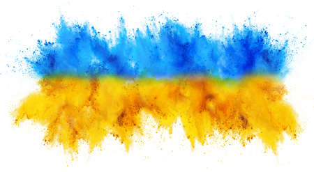 colorful ukrainian flag yellow blue color holi paint powder explosion isolated on white background. russia ukraine conflict war freedom conceptの写真素材