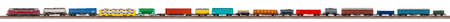 long model railway freight train with colorful wagon isolated on white wide panorama background. railroad hobby transportation logistic conceptの写真素材