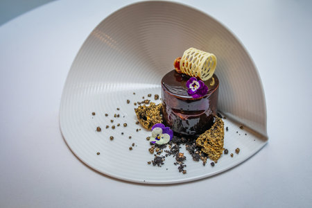 Eating out in an expensive restaurant prepared by a professional chef. Expensive cake decorated with gold accessories. liquid chocolate. white plate. Served with class.の写真素材
