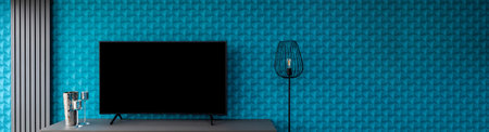 A flat with blue walls decorated in a modern style suitable for a background.の写真素材