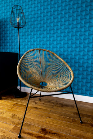 A flat with blue walls decorated in a modern style suitable for a background.の写真素材