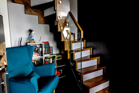 A flat with blue walls decorated in a modern style suitable for a background.の写真素材